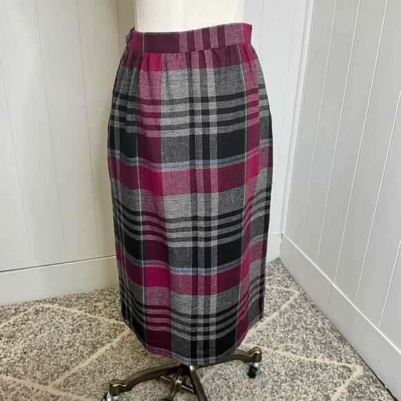 Vintage C.E. Stanton Womens Small Pencil Skirt Black Gray Pink Plaid Pockets - Picture 5 of 10